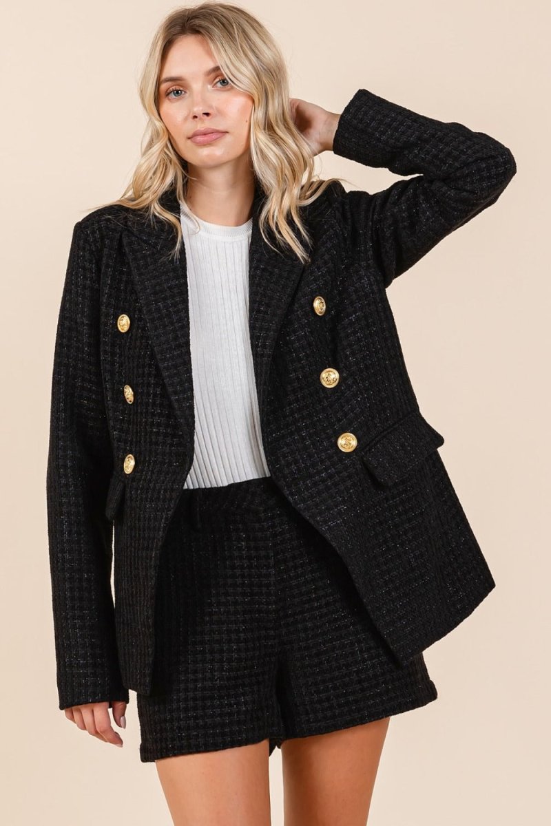 Mittoshop Plaid Texture Double - Breasted Long Sleeve Blazer - S. M. & Co.