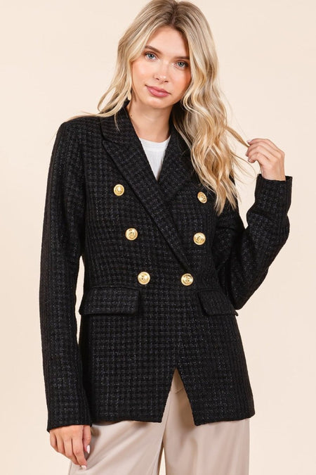 Mittoshop Plaid Texture Double - Breasted Long Sleeve Blazer - S. M. & Co.