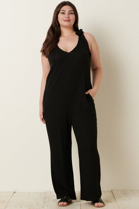 Mittoshop Rib Knit V-Neck Cross Back Jumpsuit - S. M. & Co. Jumpsuit