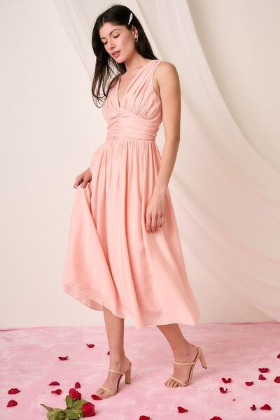 Mittoshop Ruched V - Neck Sleeveless Midi Dress - S. M. & Co.