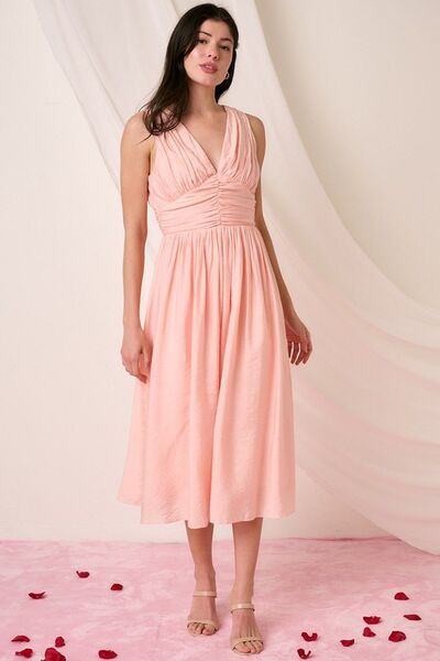 Mittoshop Ruched V - Neck Sleeveless Midi Dress - S. M. & Co.