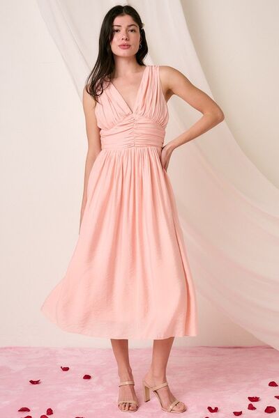 Mittoshop Ruched V - Neck Sleeveless Midi Dress - S. M. & Co.
