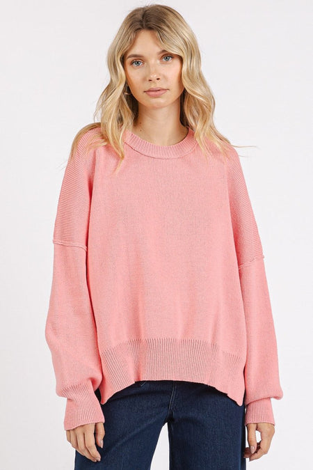 Mittoshop Side Slit Round Neck Drop Shoulder Sweater - S. M. & Co.