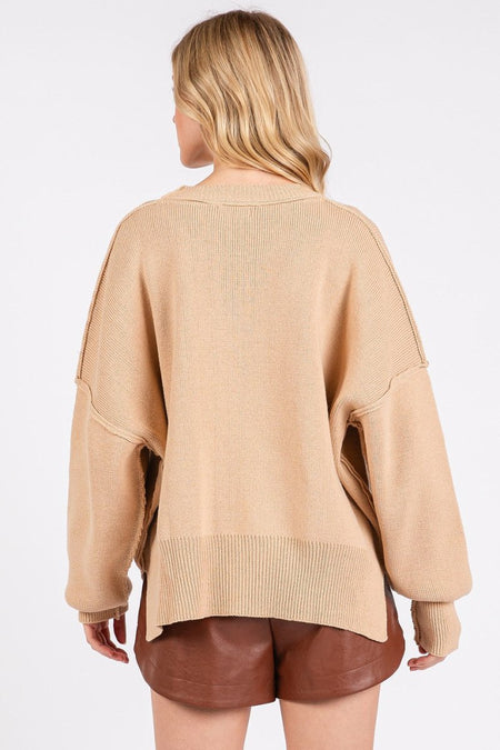 Mittoshop Side Slit Round Neck Drop Shoulder Sweater - S. M. & Co.