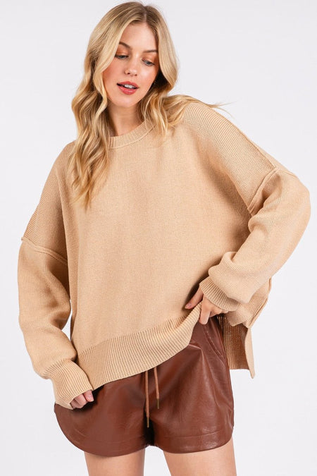 Mittoshop Side Slit Round Neck Drop Shoulder Sweater - S. M. & Co.