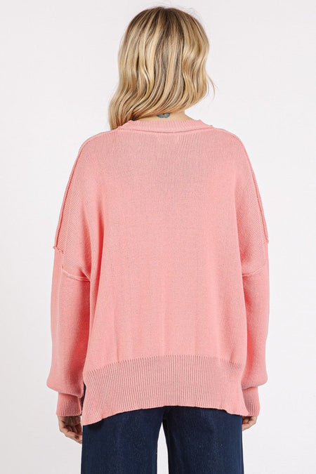 Mittoshop Side Slit Round Neck Drop Shoulder Sweater - S. M. & Co.