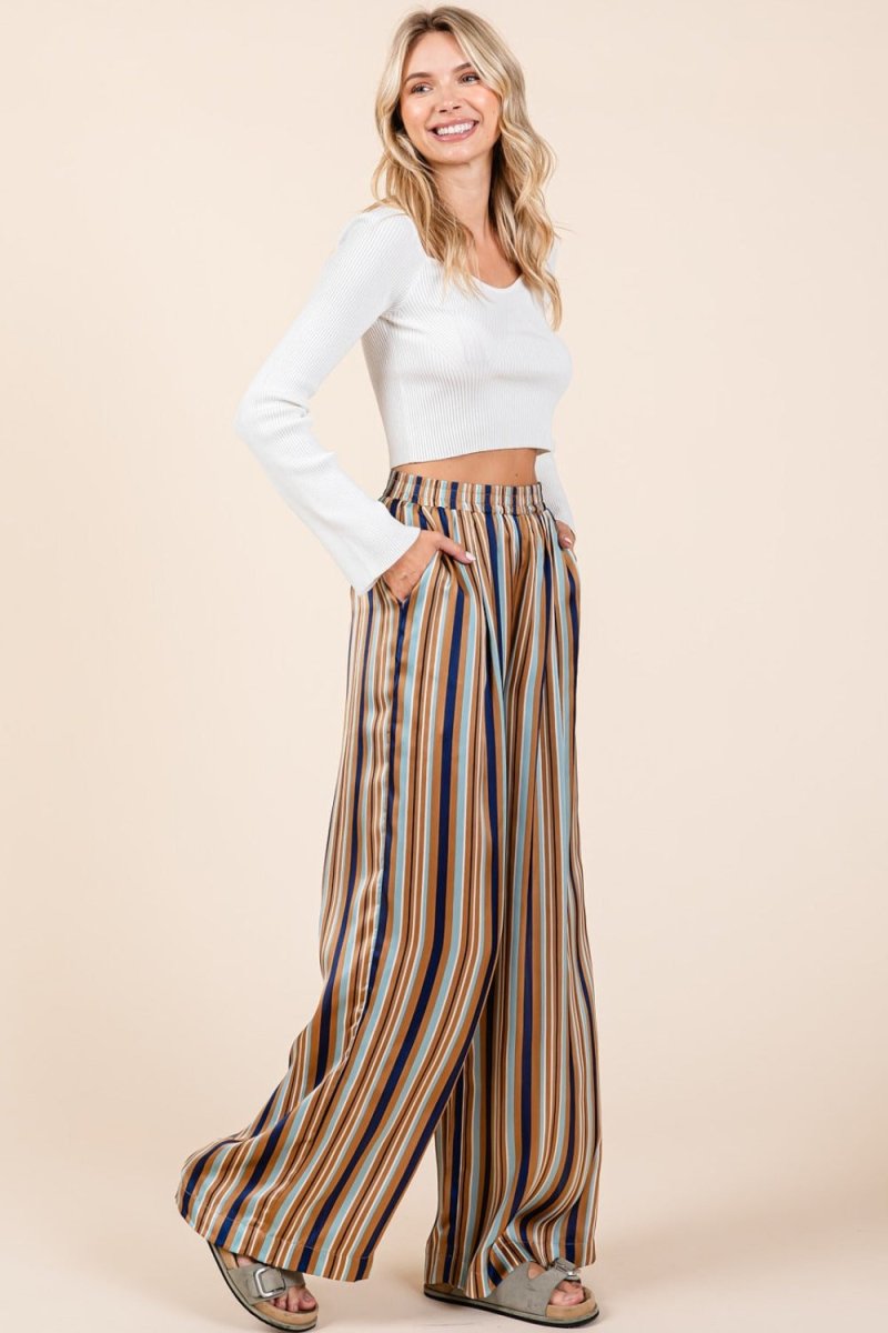 Mittoshop Striped Satin Elastic Waist Wide Leg Pants - S. M. & Co.