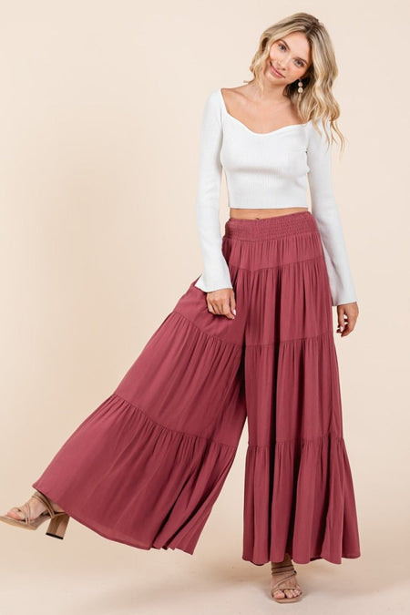 Mittoshop Tier Detail Smocked Elastic Waist Wide Leg Pants - S. M. & Co.