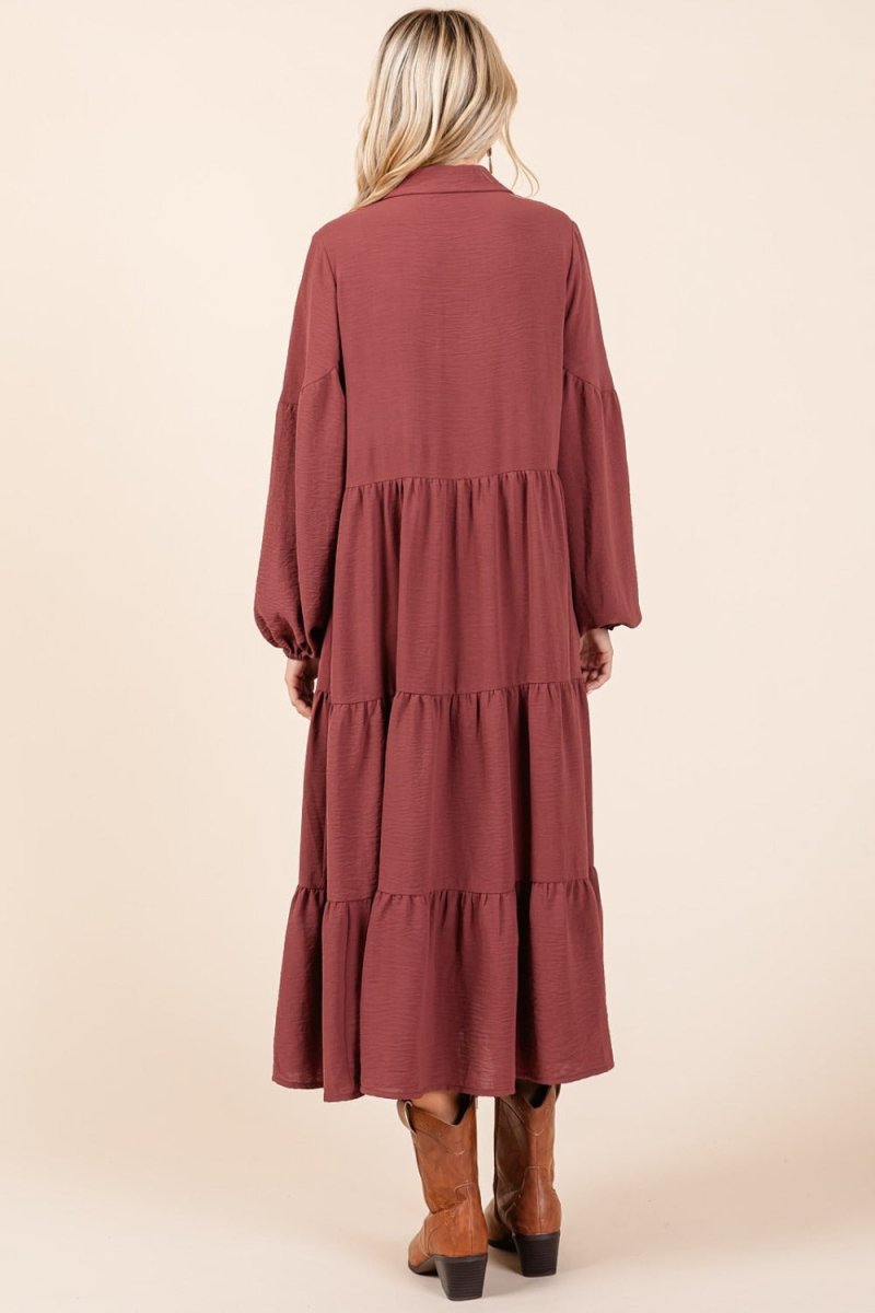 Mittoshop Tiered Button Down Long Sleeve Midi Dress - S. M. & Co.