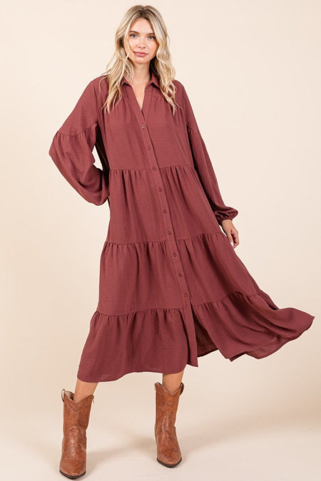 Mittoshop Tiered Button Down Long Sleeve Midi Dress - S. M. & Co.