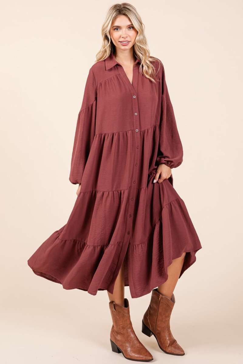 Mittoshop Tiered Button Down Long Sleeve Midi Dress - S. M. & Co.