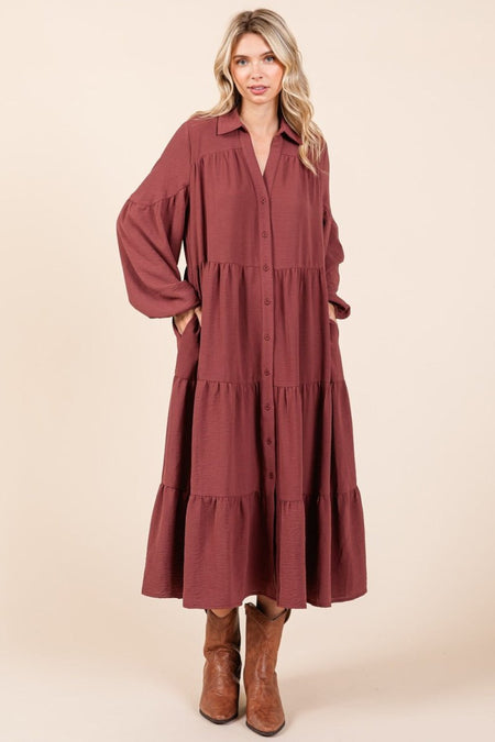 Mittoshop Tiered Button Down Long Sleeve Midi Dress - S. M. & Co.