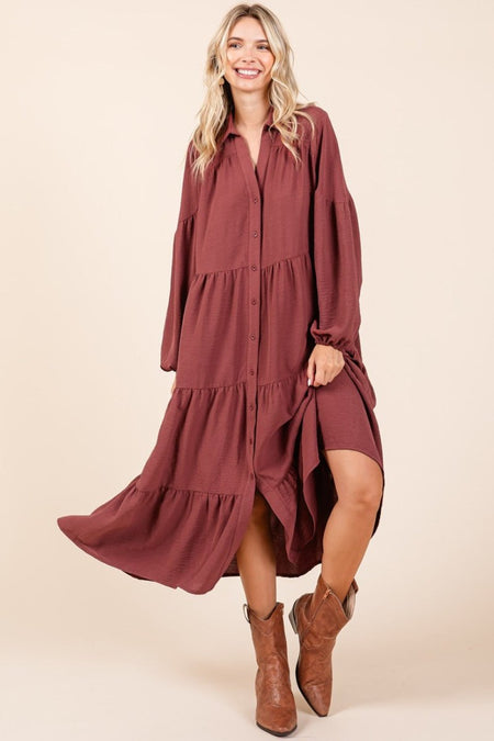 Mittoshop Tiered Button Down Long Sleeve Midi Dress - S. M. & Co.