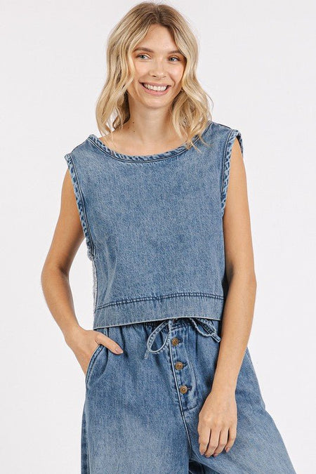 Mittoshop Washed Denim Distressed Detail Crop Tank - S. M. & Co.