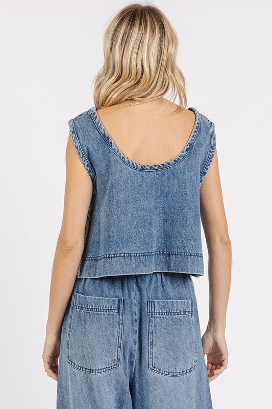 Mittoshop Washed Denim Distressed Detail Crop Tank - S. M. & Co.