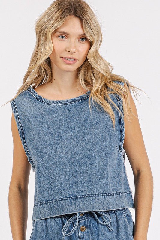 Mittoshop Washed Denim Distressed Detail Crop Tank - S. M. & Co.