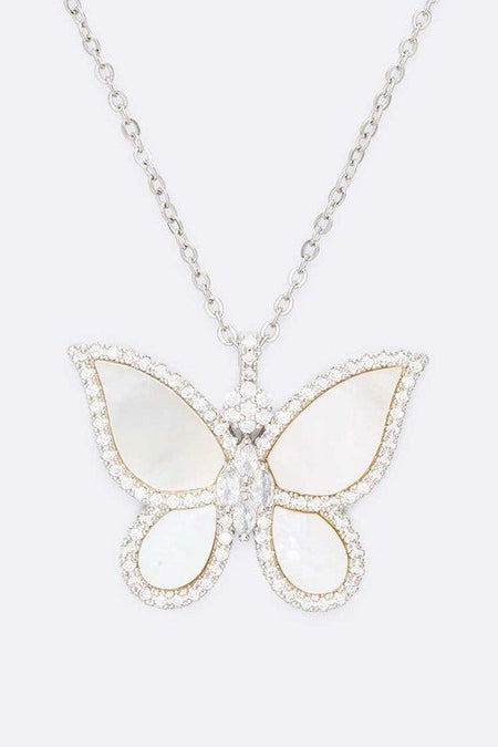 MOP Cubic Zirconia Butterfly Pendant Necklace Set - S. M. & Co. Necklace