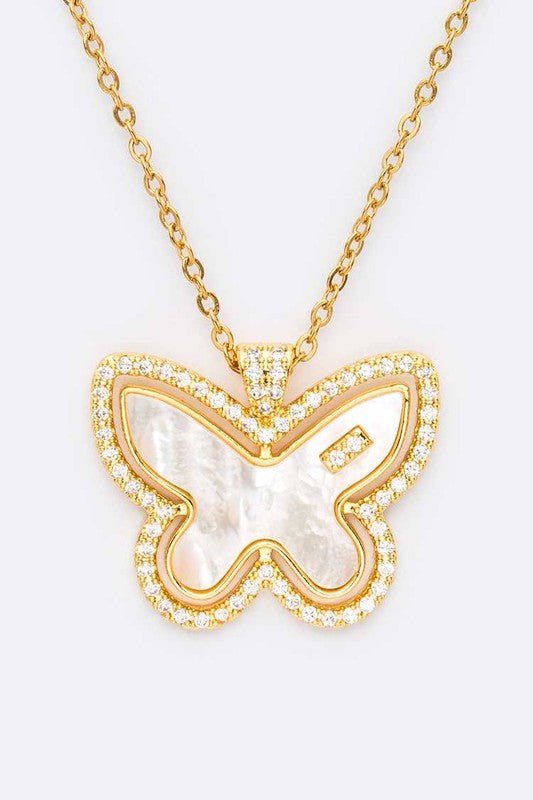 Mother Of Pearl Cyrstal Butterfly Necklace Set - S. M. & Co. Necklace