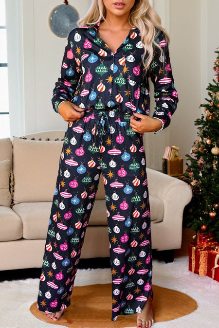 Navy Blue Colorful Christmas Lights Print Shirt and Pants Pajama Set - S. M. & Co.