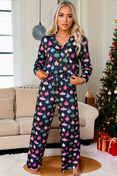 Navy Blue Colorful Christmas Lights Print Shirt and Pants Pajama Set - S. M. & Co.