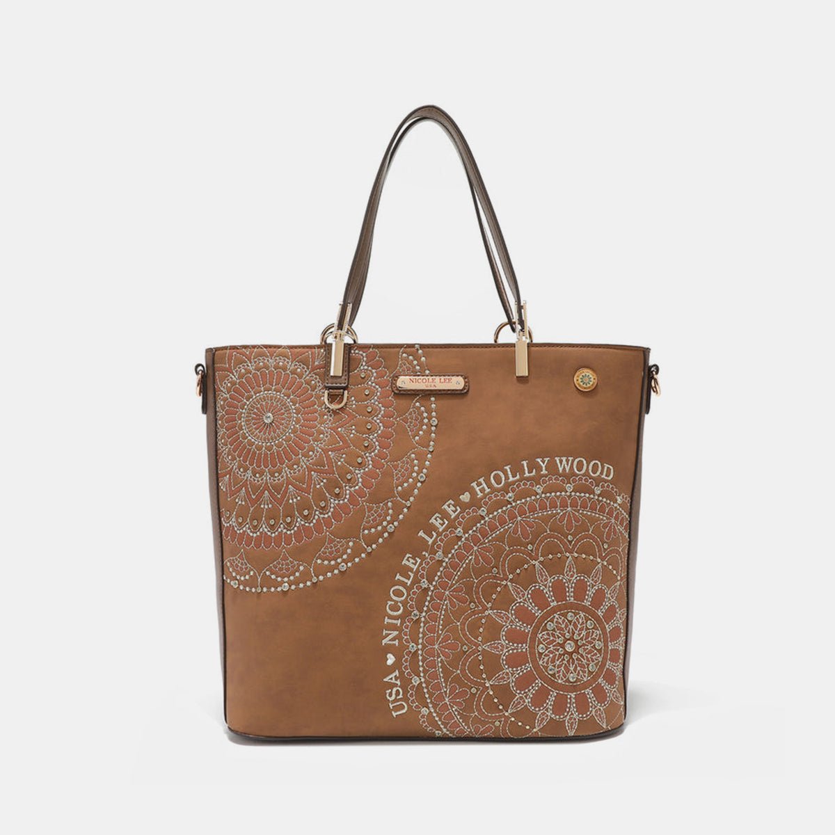 Nicole Lee USA Metallic Stitching Embroidery Inlaid Rhinestone Tote Bag - S. M. & Co.