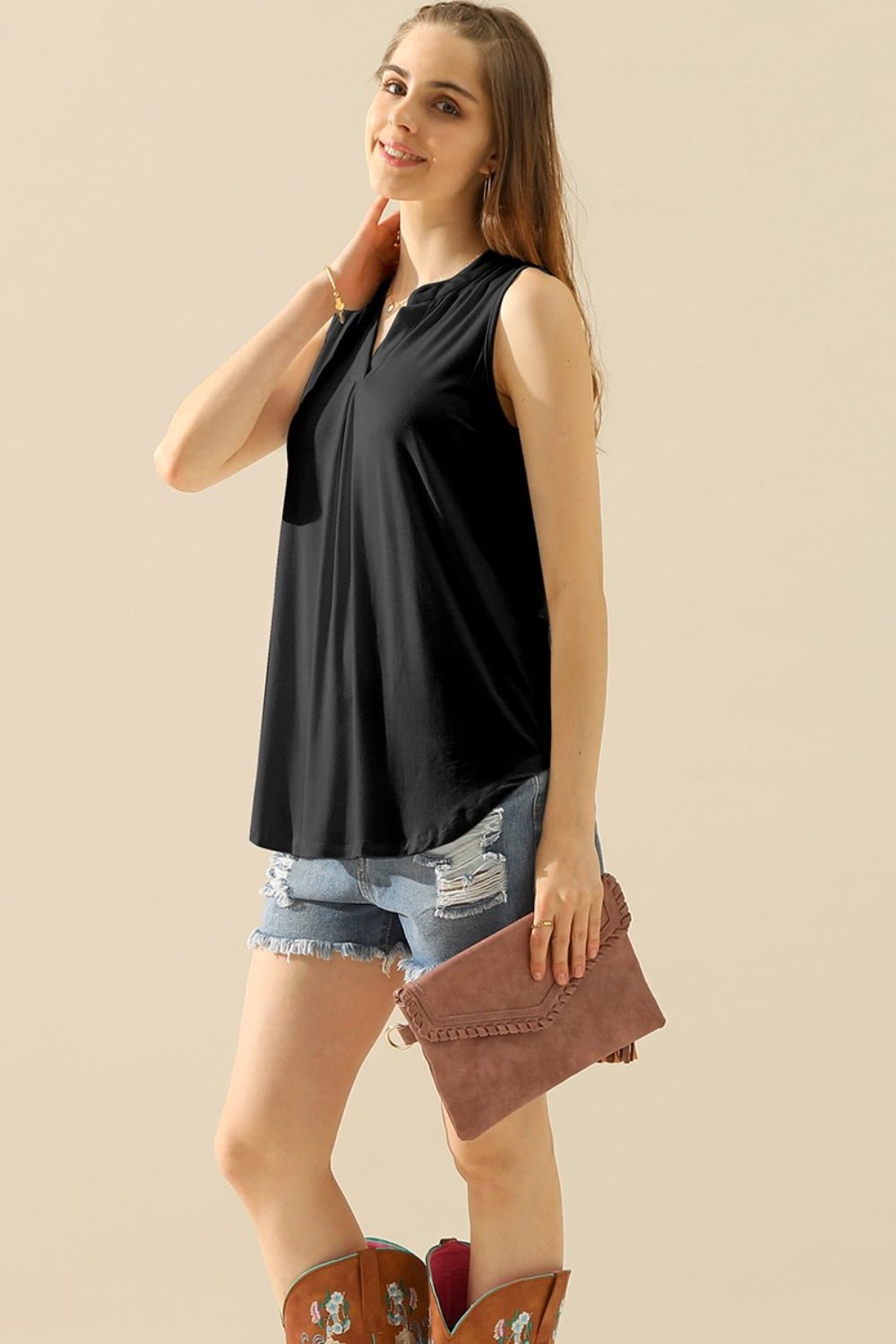 Ninexis Full Size Notched Sleeveless Top - AnAs Market