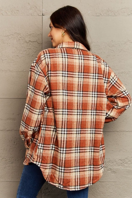 Ninexis Full Size Plaid Collared Neck Button - Down Long Sleeve Jacket - S. M. & Co.