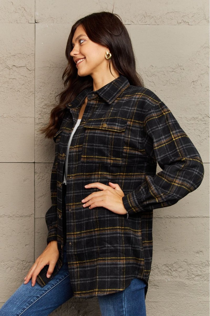 Ninexis Full Size Plaid Collared Neck Button - Down Long Sleeve Jacket - S. M. & Co.