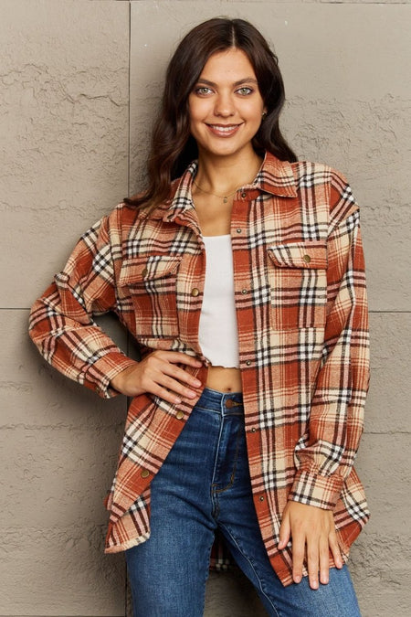 Ninexis Full Size Plaid Collared Neck Button - Down Long Sleeve Jacket - S. M. & Co.