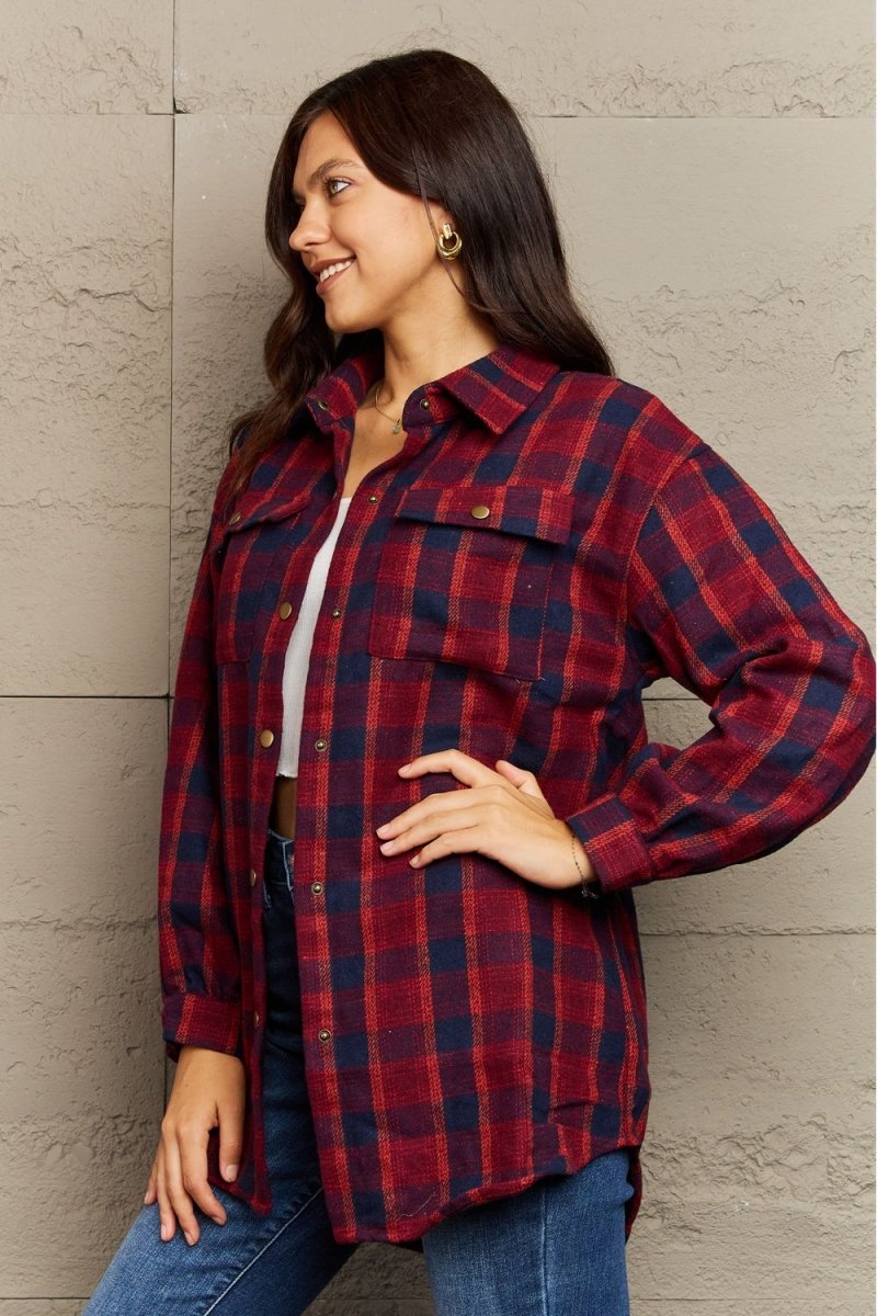 Ninexis Full Size Plaid Collared Neck Button - Down Long Sleeve Jacket - S. M. & Co.