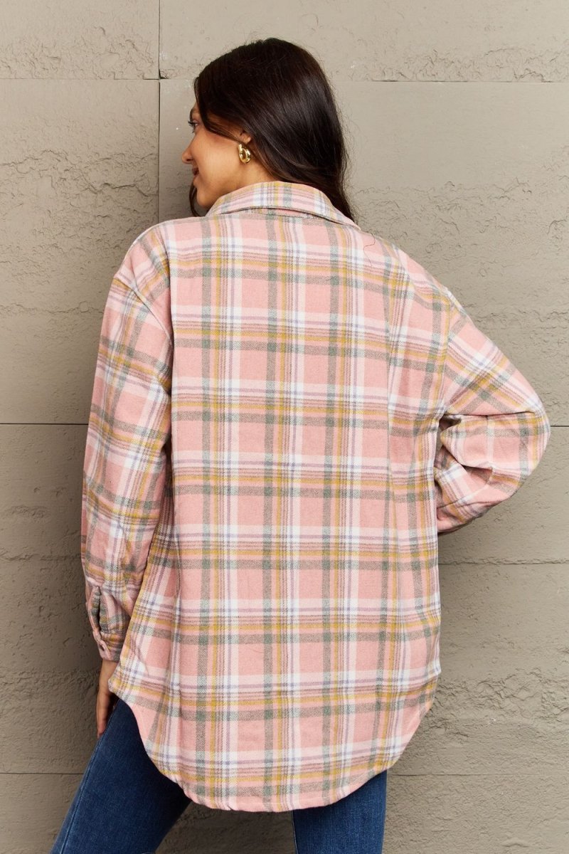 Ninexis Full Size Plaid Collared Neck Button - Down Long Sleeve Jacket - S. M. & Co.