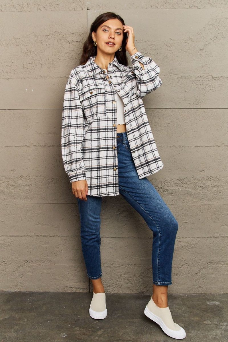 Ninexis Full Size Plaid Collared Neck Button - Down Long Sleeve Jacket - S. M. & Co.