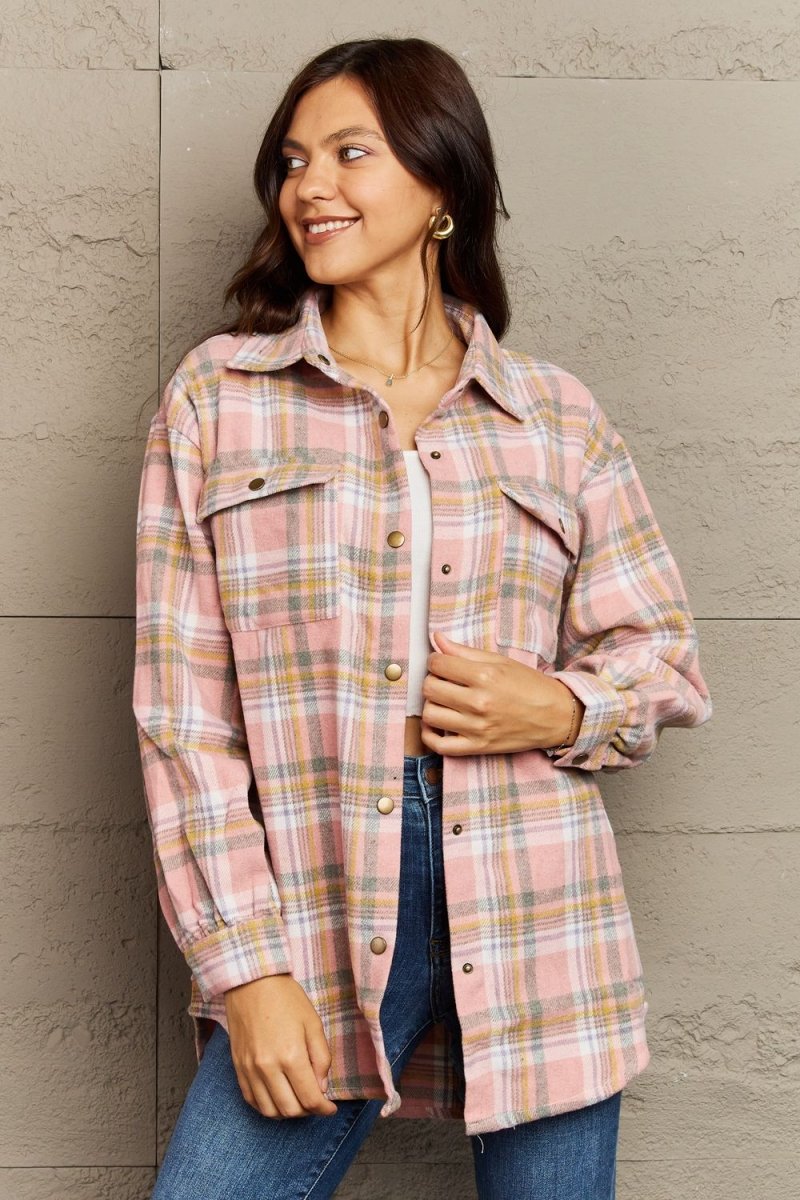 Ninexis Full Size Plaid Collared Neck Button - Down Long Sleeve Jacket - S. M. & Co.