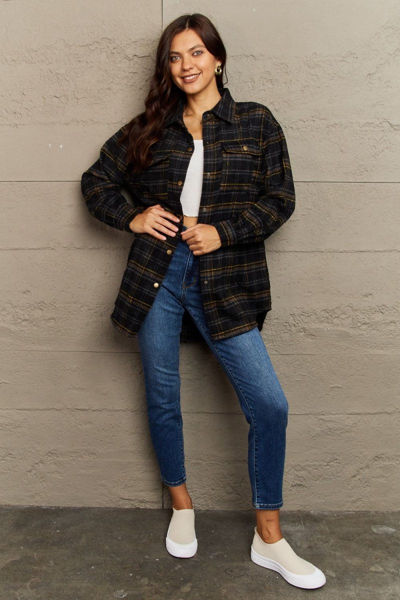 Ninexis Full Size Plaid Collared Neck Button - Down Long Sleeve Jacket - S. M. & Co.