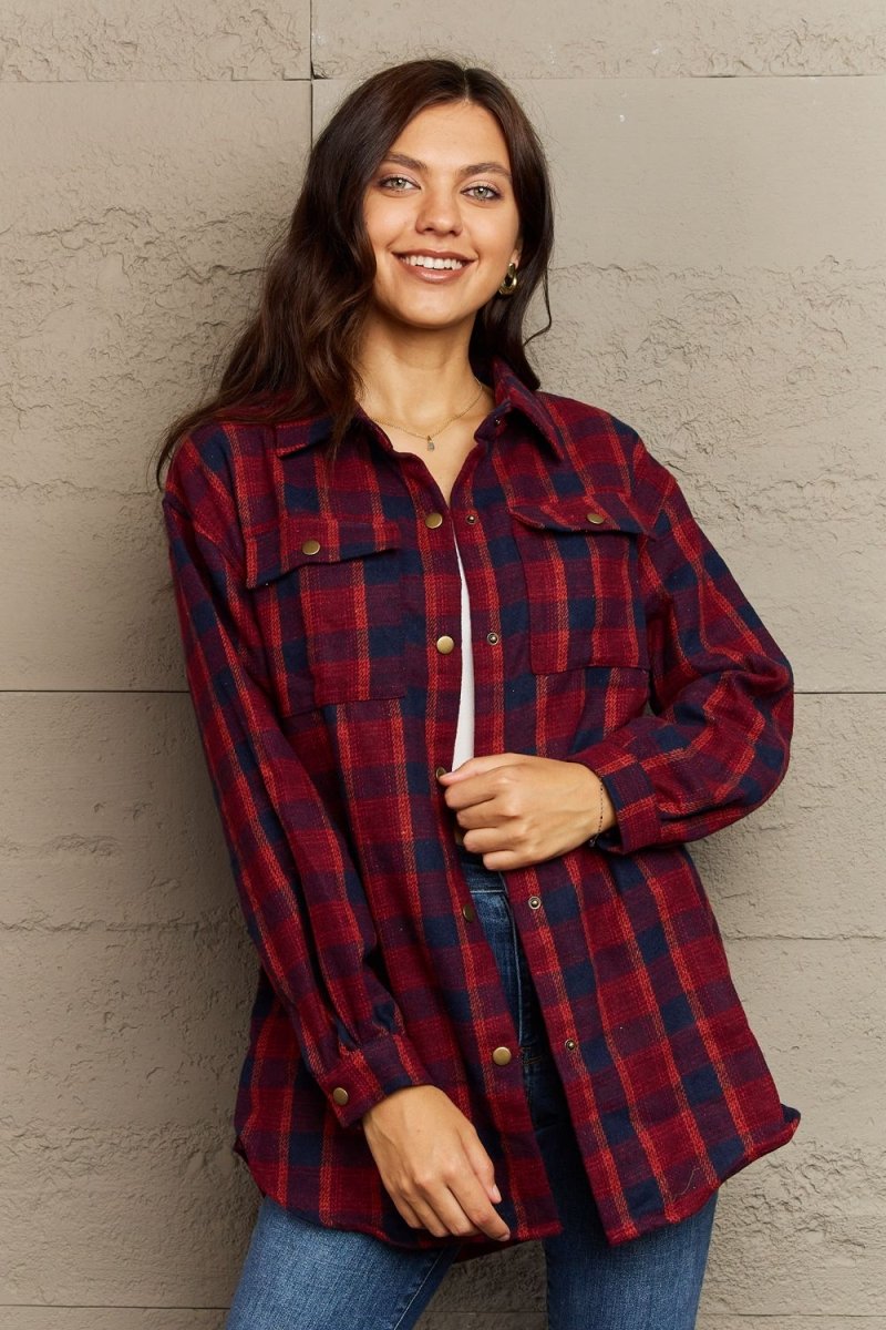 Ninexis Full Size Plaid Collared Neck Button - Down Long Sleeve Jacket - S. M. & Co.