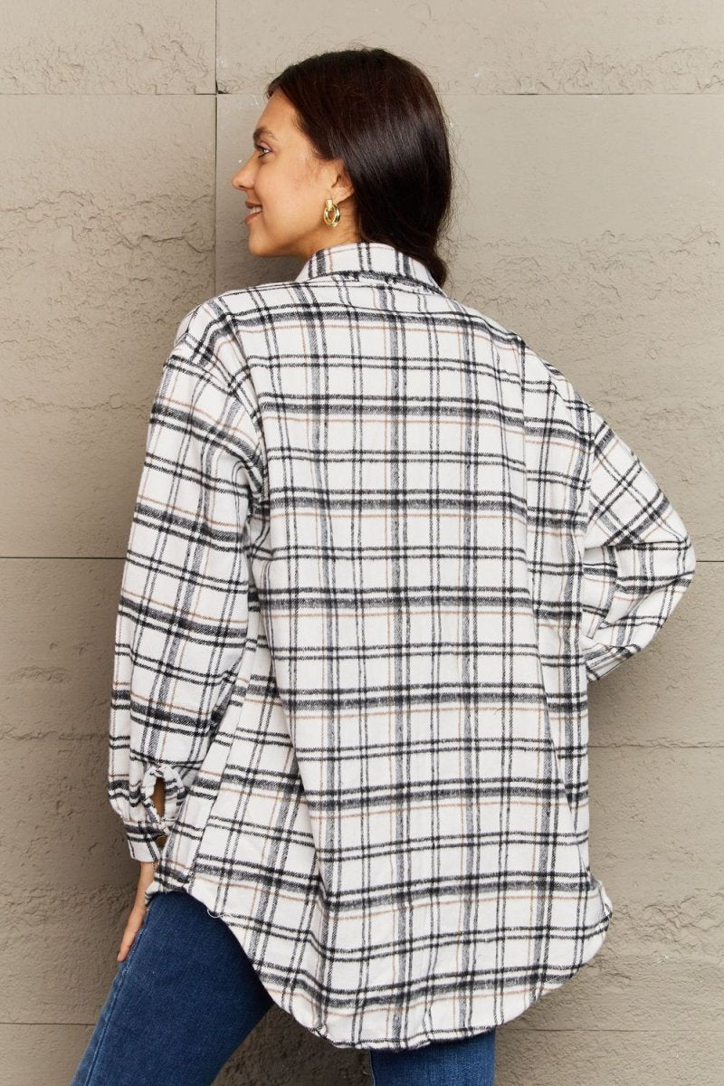 Ninexis Full Size Plaid Collared Neck Button - Down Long Sleeve Jacket - S. M. & Co.