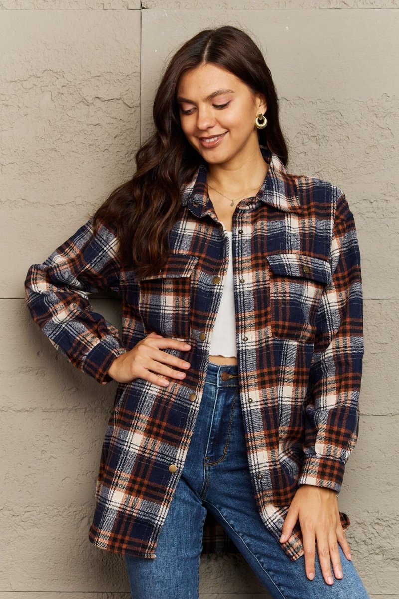 Ninexis Full Size Plaid Collared Neck Button - Down Long Sleeve Jacket - S. M. & Co.