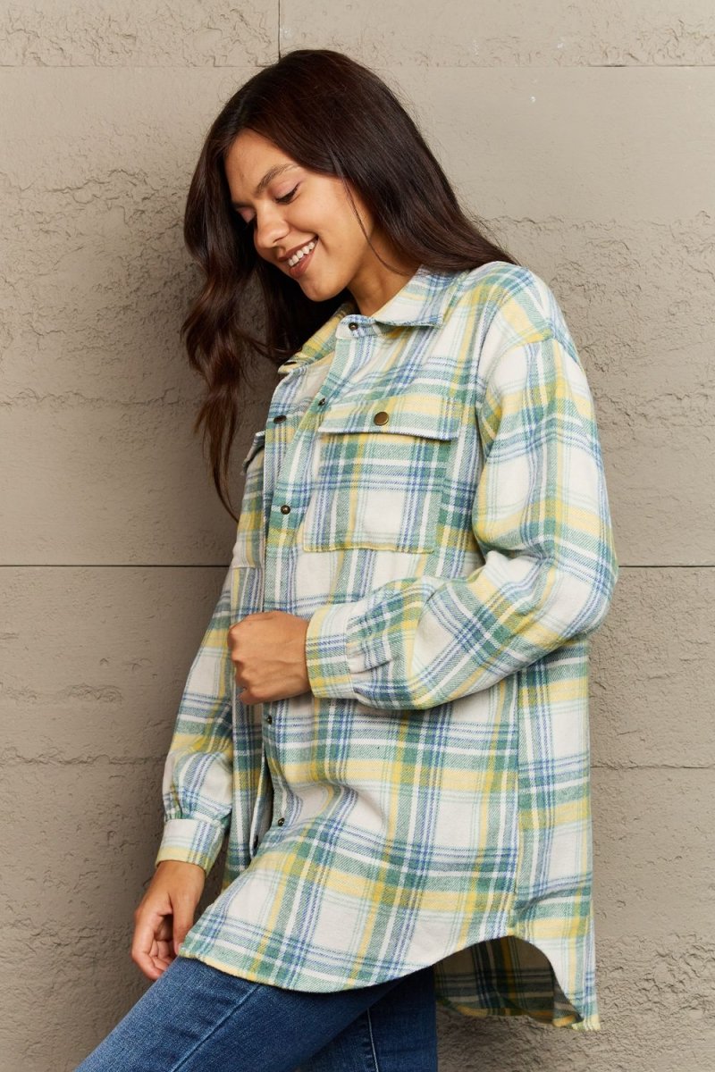 Ninexis Full Size Plaid Collared Neck Button - Down Long Sleeve Jacket - S. M. & Co.