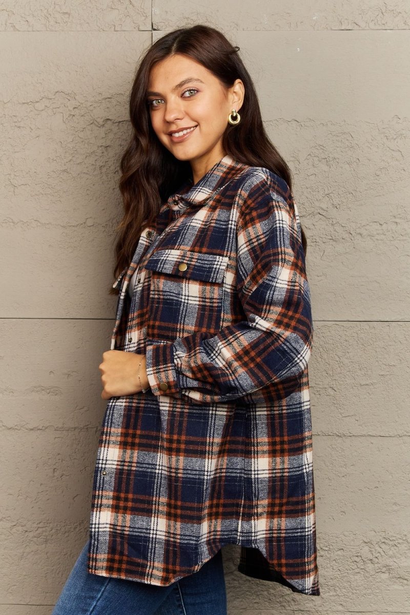 Ninexis Full Size Plaid Collared Neck Button - Down Long Sleeve Jacket - S. M. & Co.