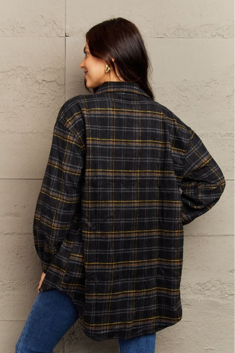 Ninexis Full Size Plaid Collared Neck Button - Down Long Sleeve Jacket - S. M. & Co.