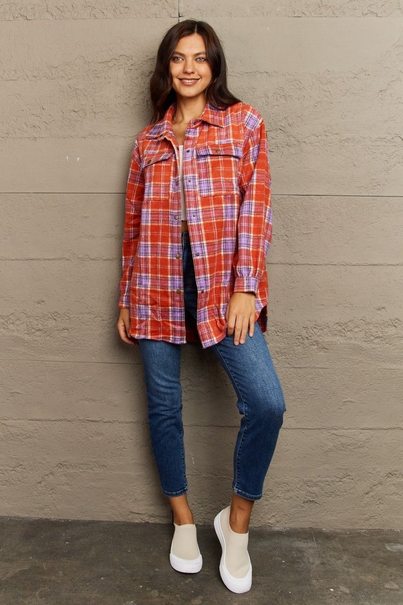 Ninexis Full Size Plaid Collared Neck Button - Down Long Sleeve Jacket - S. M. & Co.