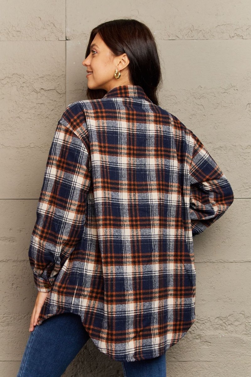 Ninexis Full Size Plaid Collared Neck Button - Down Long Sleeve Jacket - S. M. & Co.