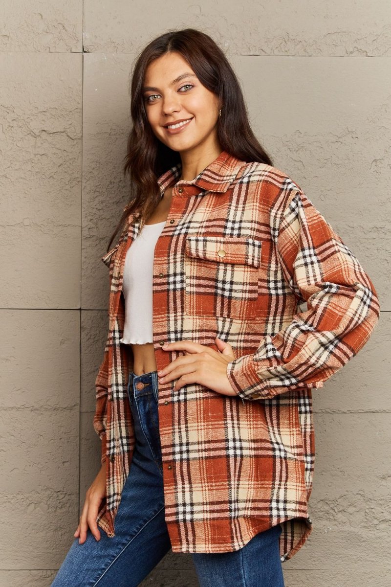 Ninexis Full Size Plaid Collared Neck Button - Down Long Sleeve Jacket - S. M. & Co.