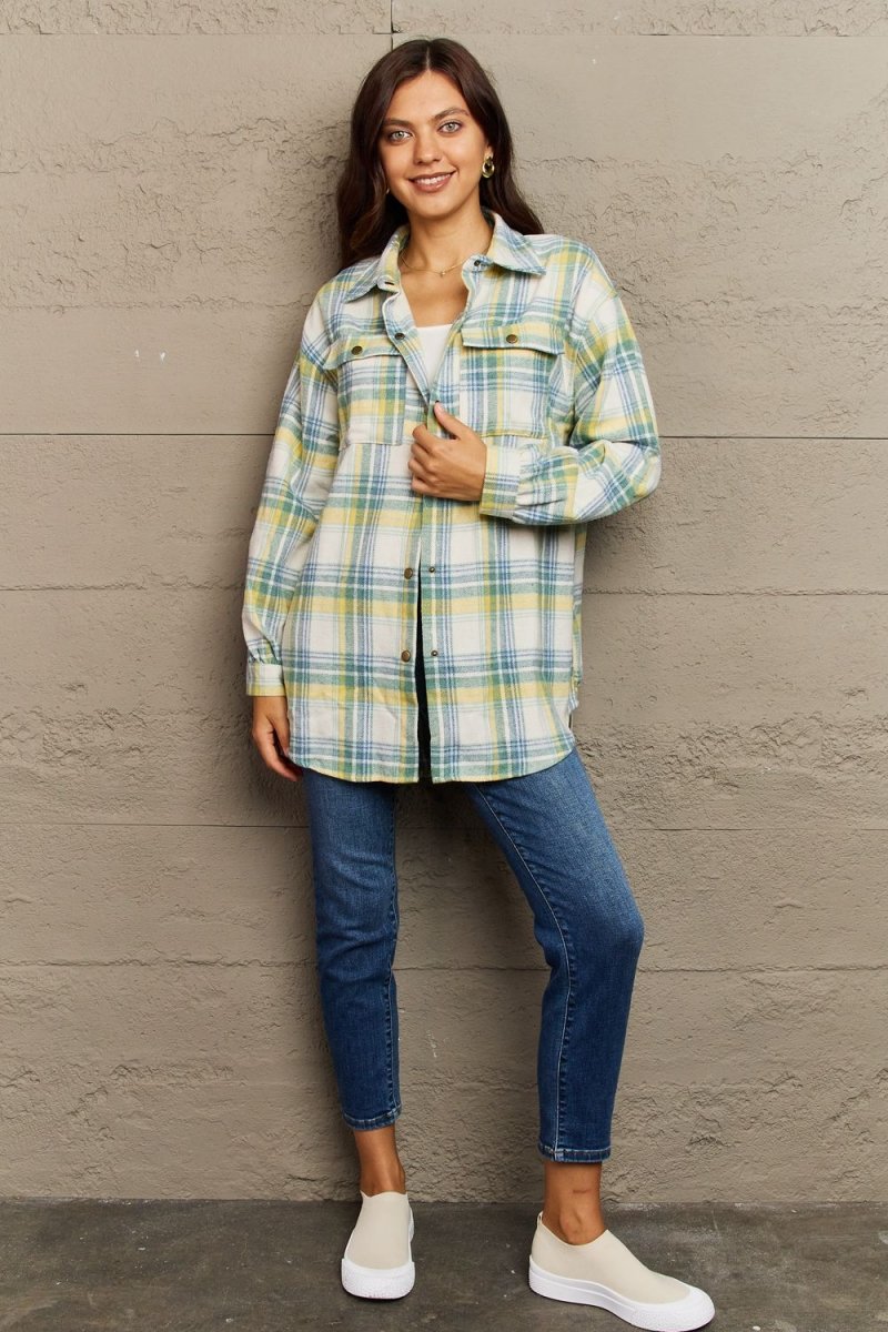 Ninexis Full Size Plaid Collared Neck Button - Down Long Sleeve Jacket - S. M. & Co.