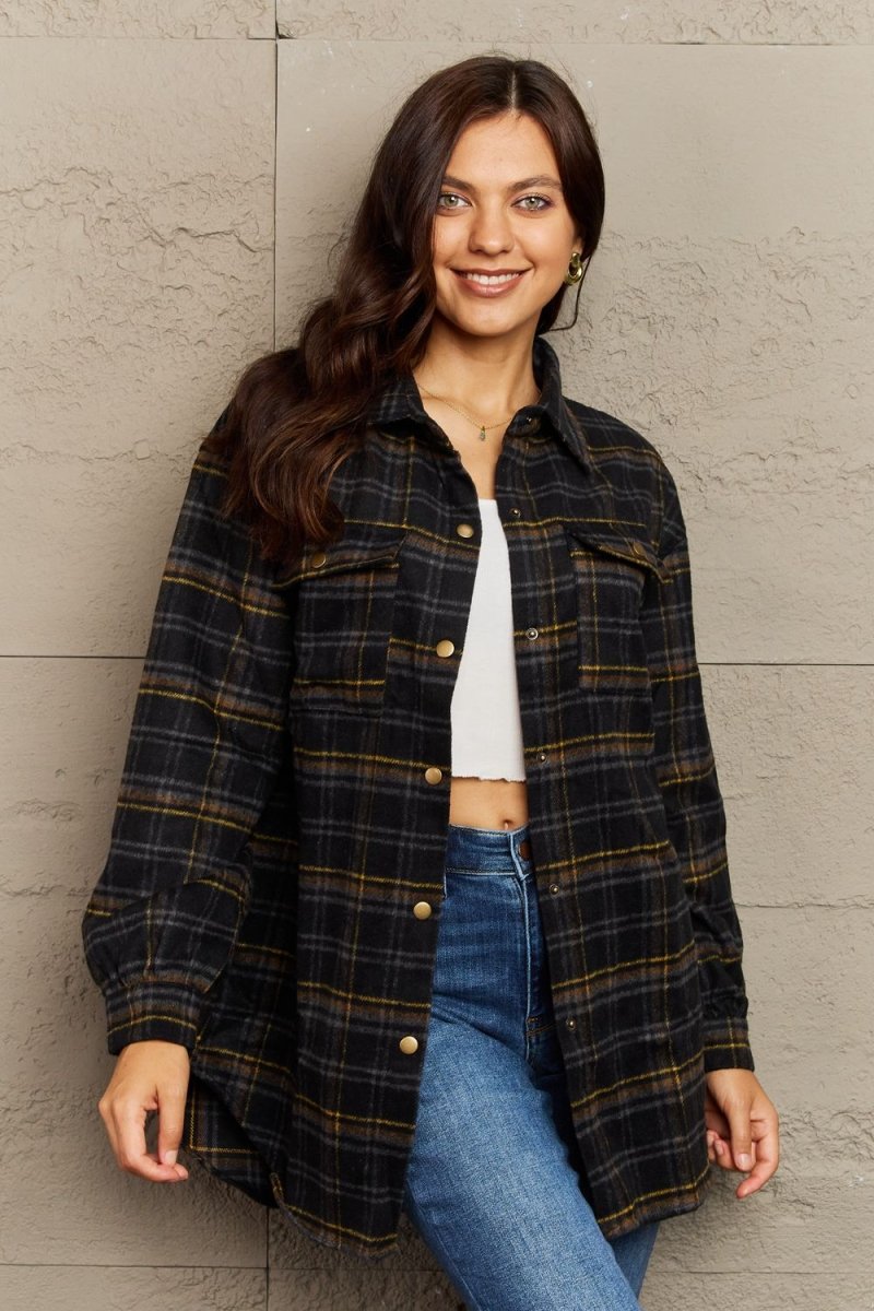 Ninexis Full Size Plaid Collared Neck Button - Down Long Sleeve Jacket - S. M. & Co.