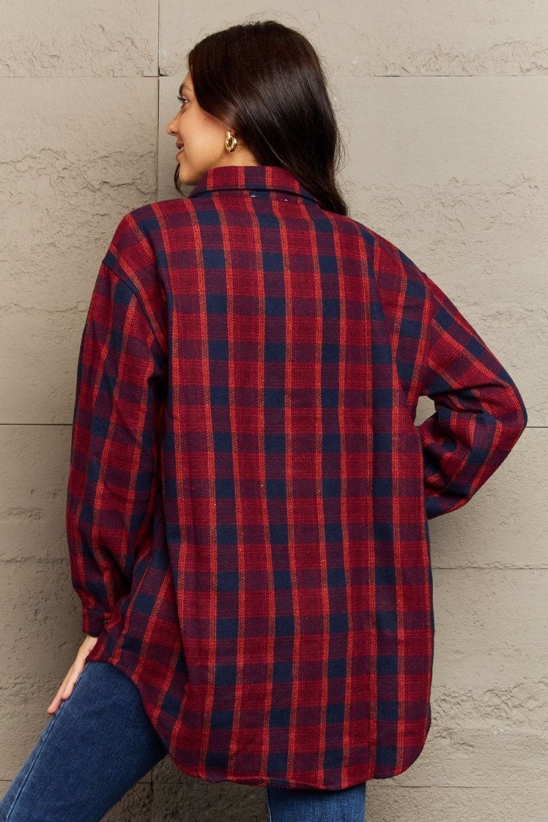 Ninexis Full Size Plaid Collared Neck Button - Down Long Sleeve Jacket - S. M. & Co.