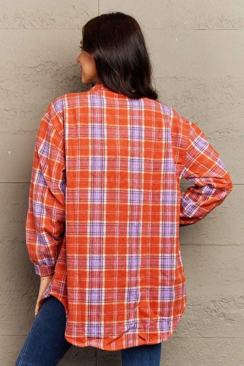 Ninexis Full Size Plaid Collared Neck Button - Down Long Sleeve Jacket - S. M. & Co.