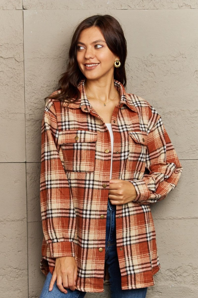 Ninexis Full Size Plaid Collared Neck Button - Down Long Sleeve Jacket - S. M. & Co.