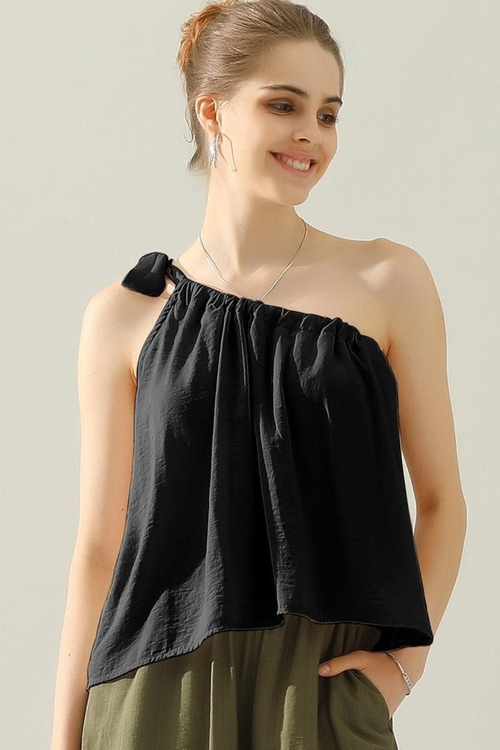 Ninexis One Shoulder Bow Tie Strap Satin Silk Top - AnAs Market