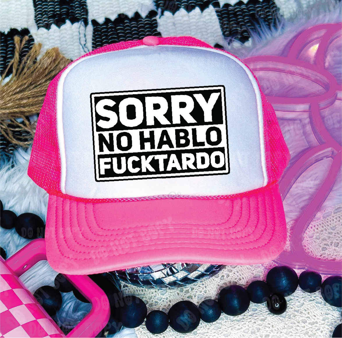 No Hablo DTF Printed Neon Pink and White Trucker Hat